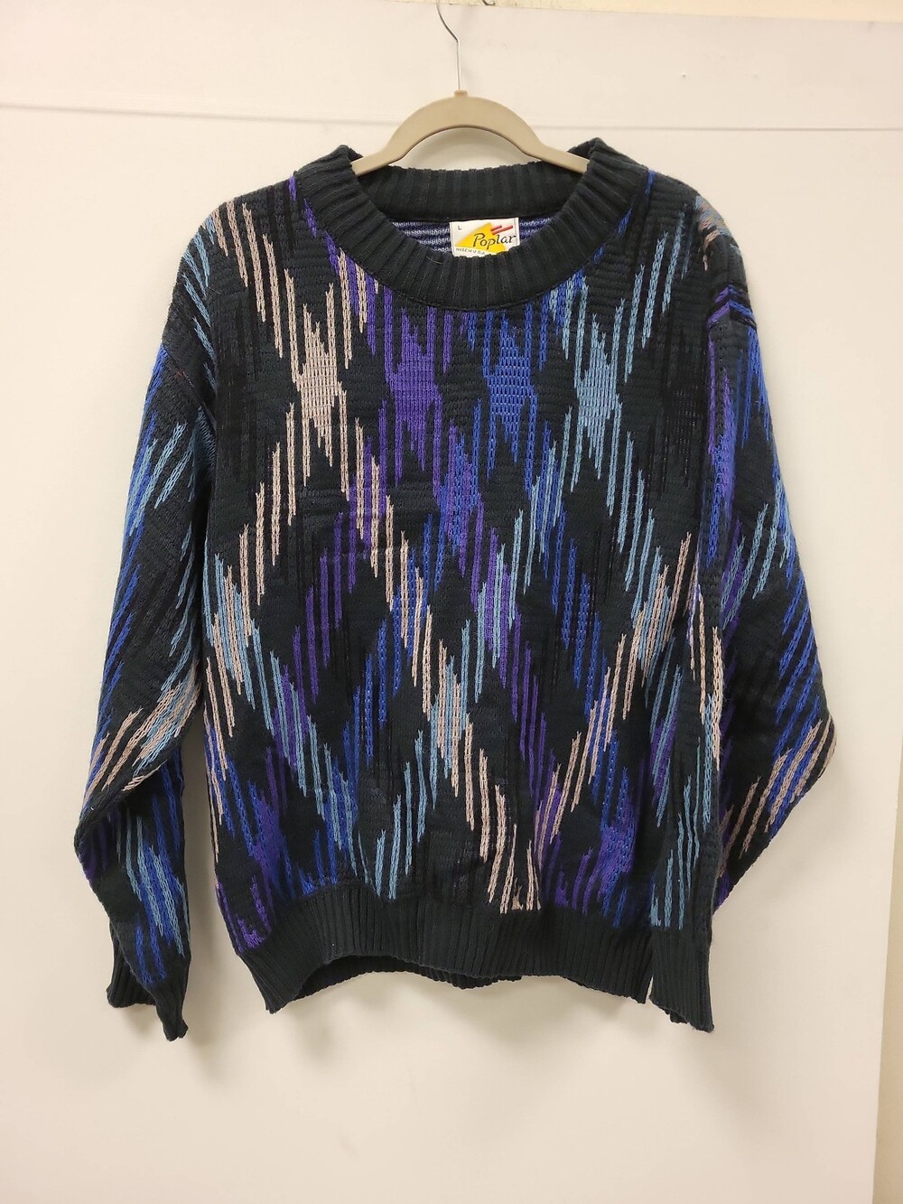 Vintage Poplar Mens Large Knit Sweater Blue Purple Geometric Ikat Made in USA
